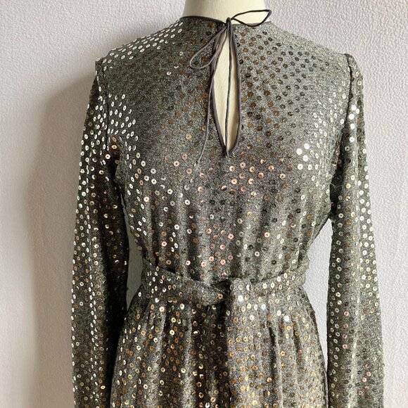 1970s Silver Sequined Modest Long Sleeve Maxi Dress - Picture 11 of 15